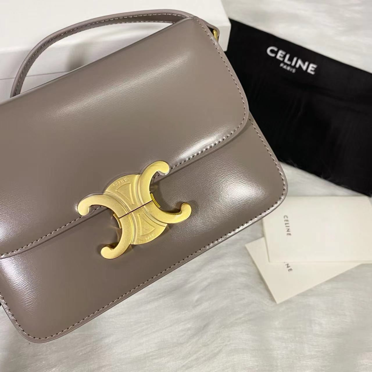 Celine Teen Triomphe Bag Shiny Calf Skin Grey Mid-High Grade