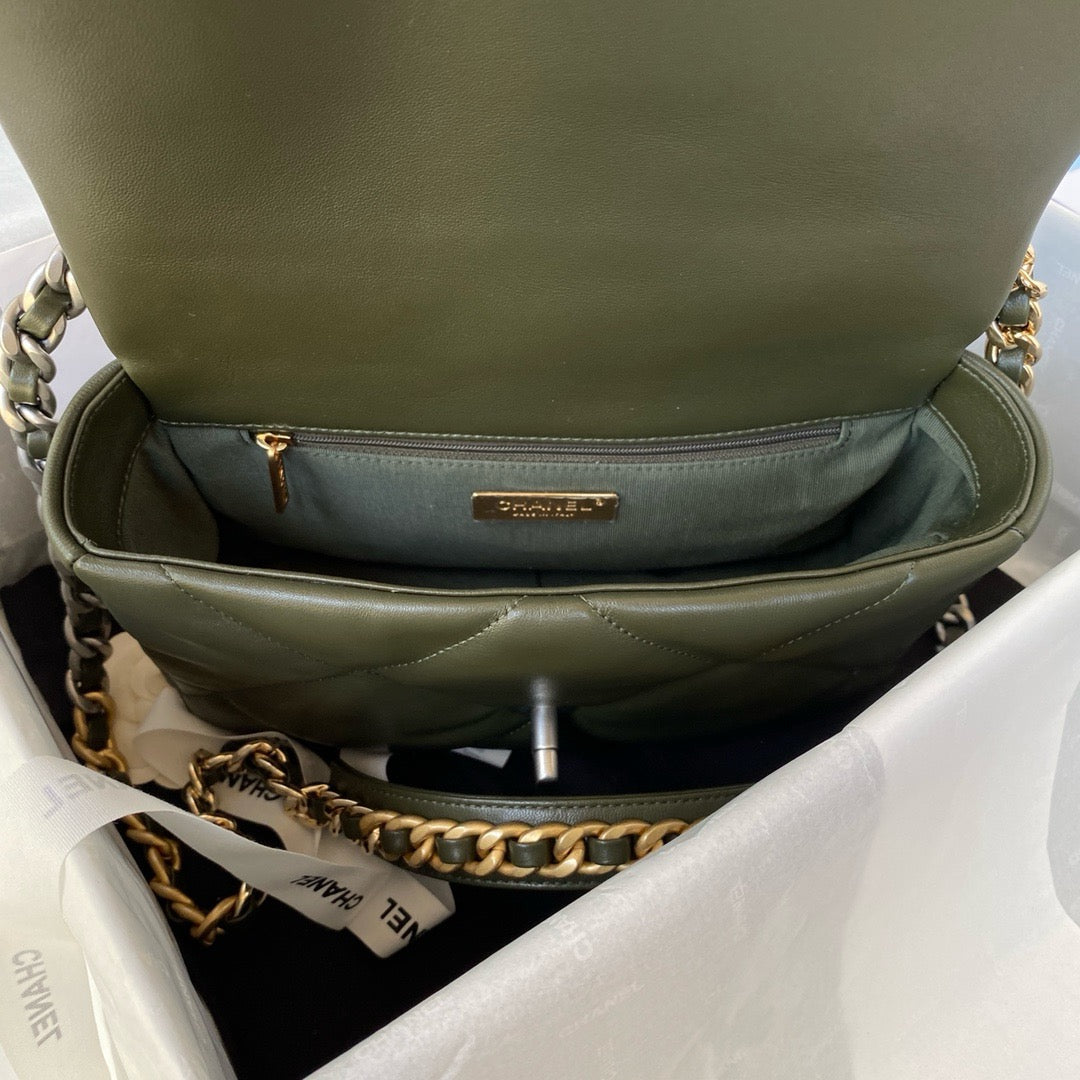 inside of khaki chanel 19 handbag lamb skin silver hardware