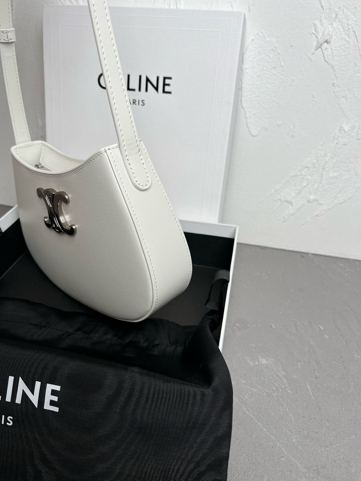 Celine Medium Tilly Bag In Shiny Calfskin White High Grade