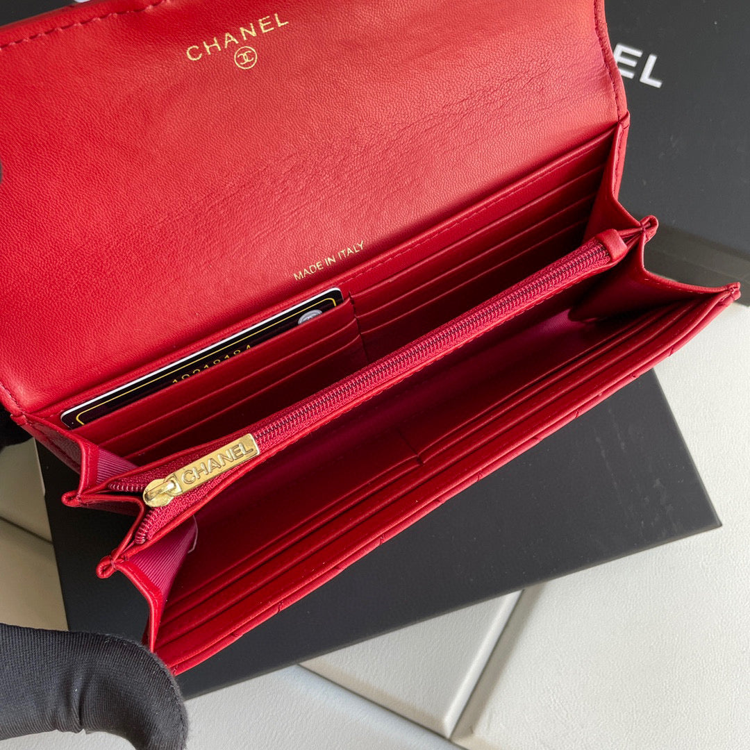 Chanel Long Red Wallet Lamb Skin