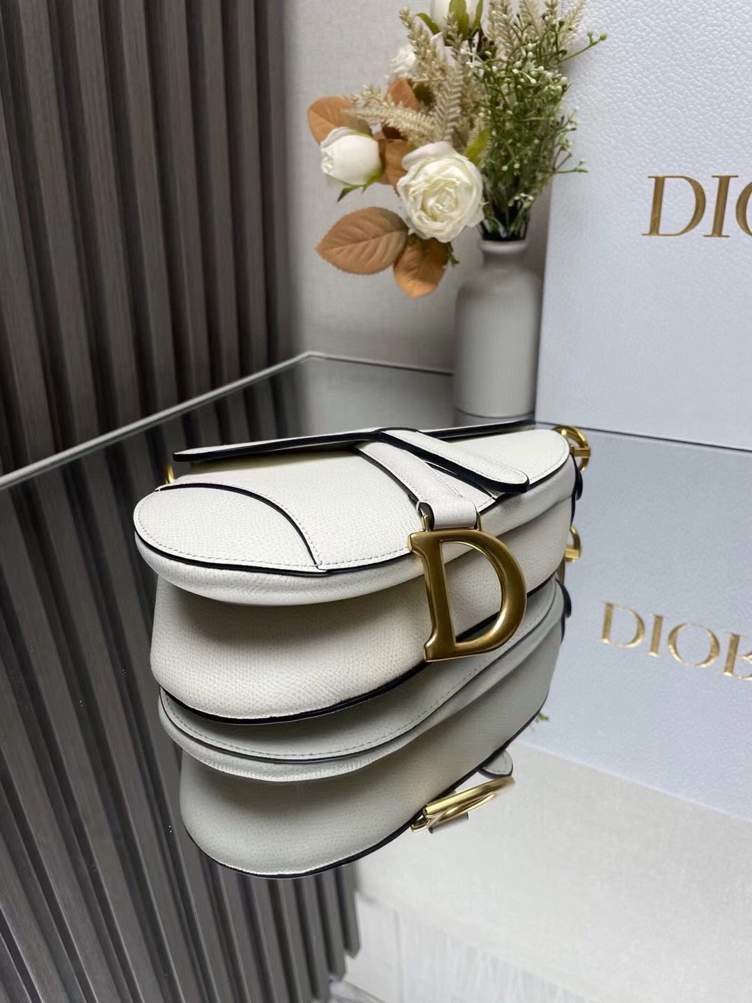 Bottom of Dior Saddle Bag with Strap White Grained Calfskin