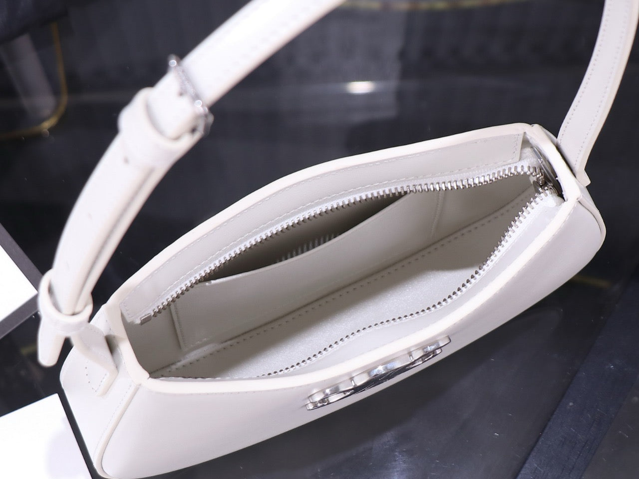 Opening of white Celine Tilly bag