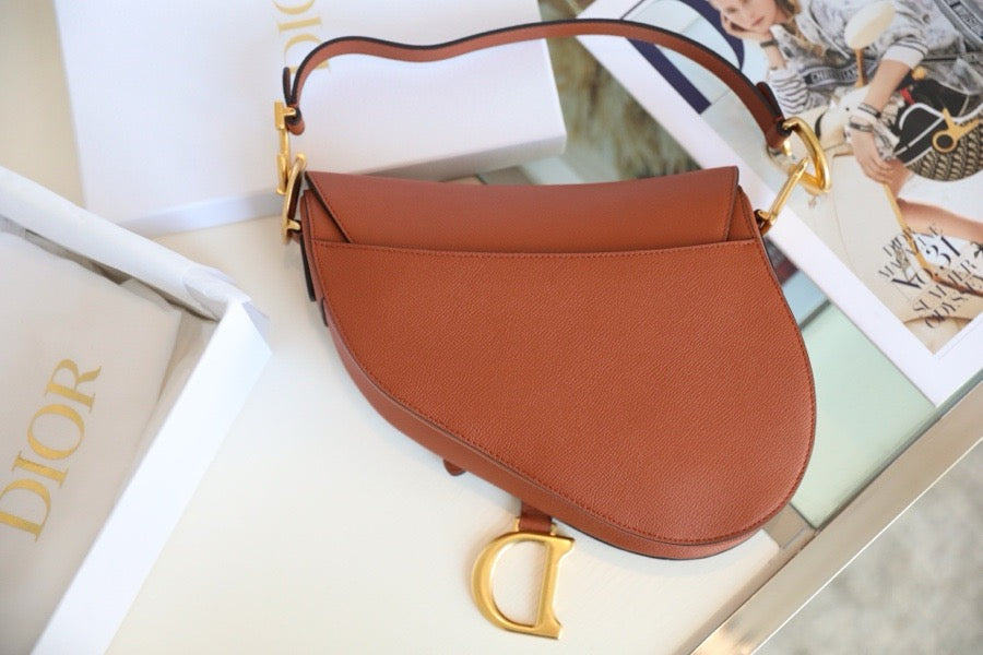 Dior Saddle Bag with Strap Golden Brown Grained Calfskin High Grade