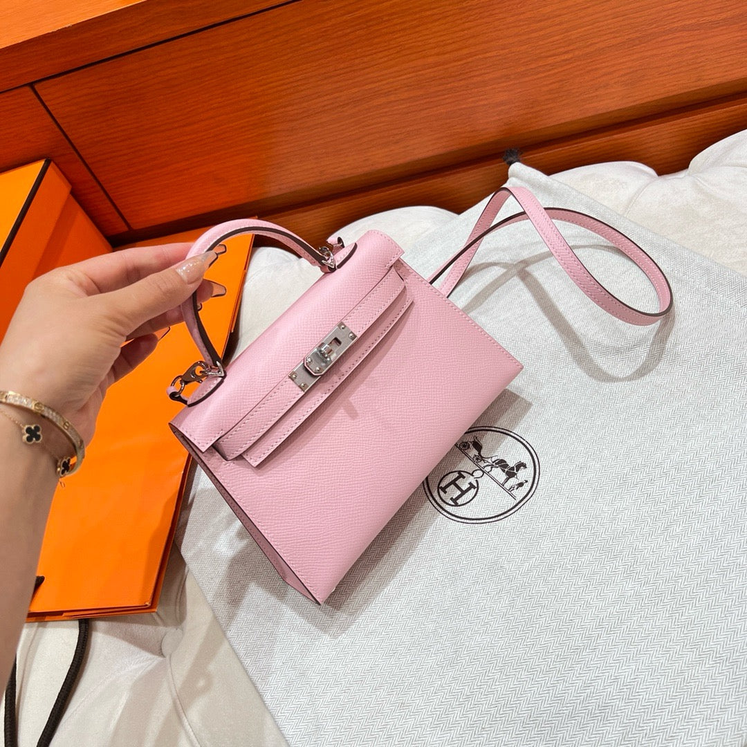 Hermes Mini Pink Kelly Bag Epsom Leather Platinum