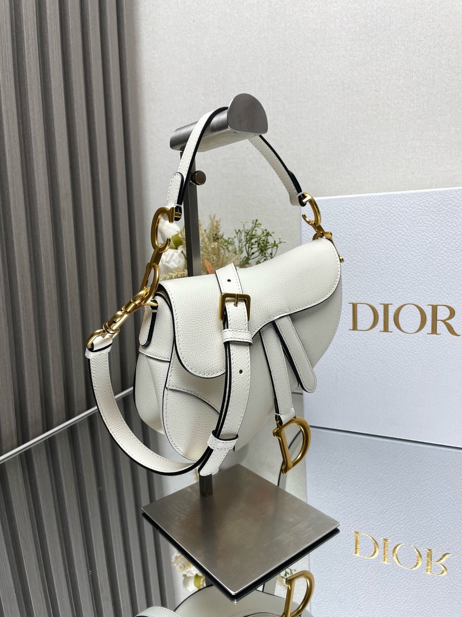 Dior Saddle Bag with Strap White Grained Calfskin