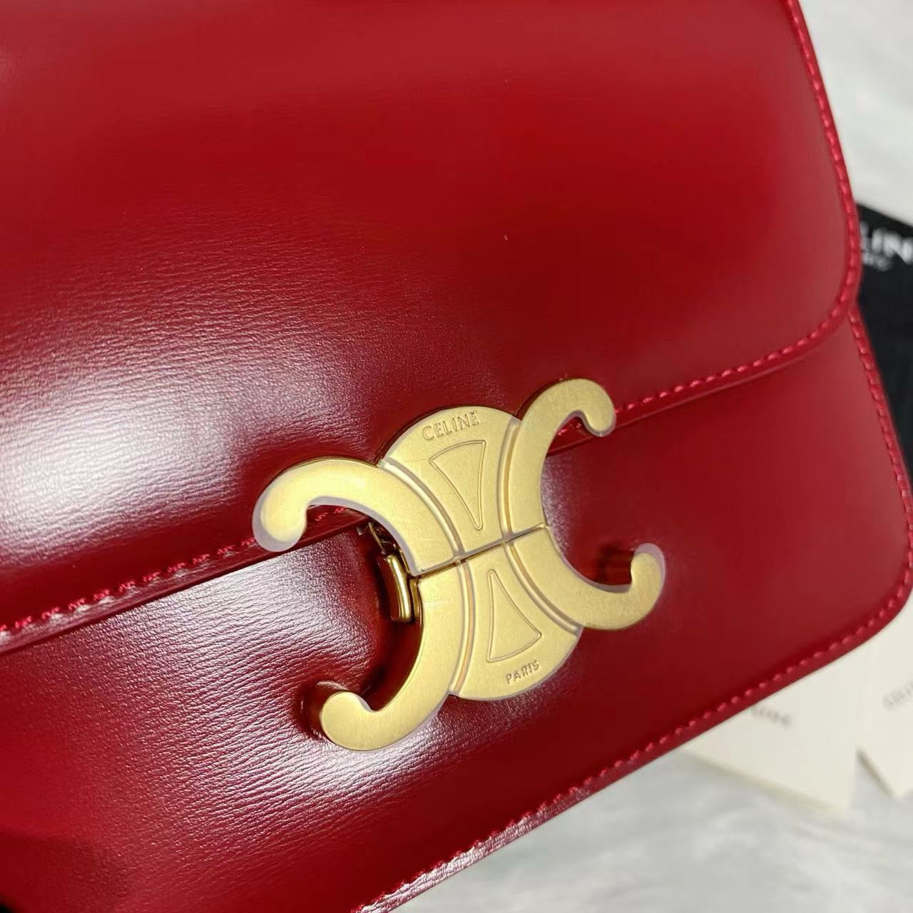 Celine Teen Triomphe Bag Shiny Calf Skin Red Mid-High Grade