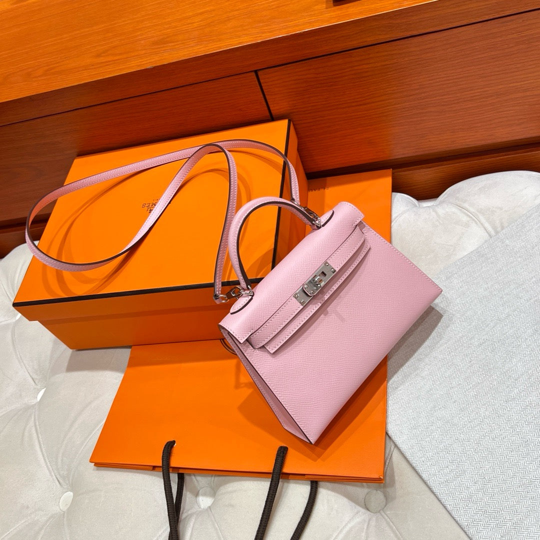 Hermes Mini Pink Kelly Bag Epsom Leather Platinum