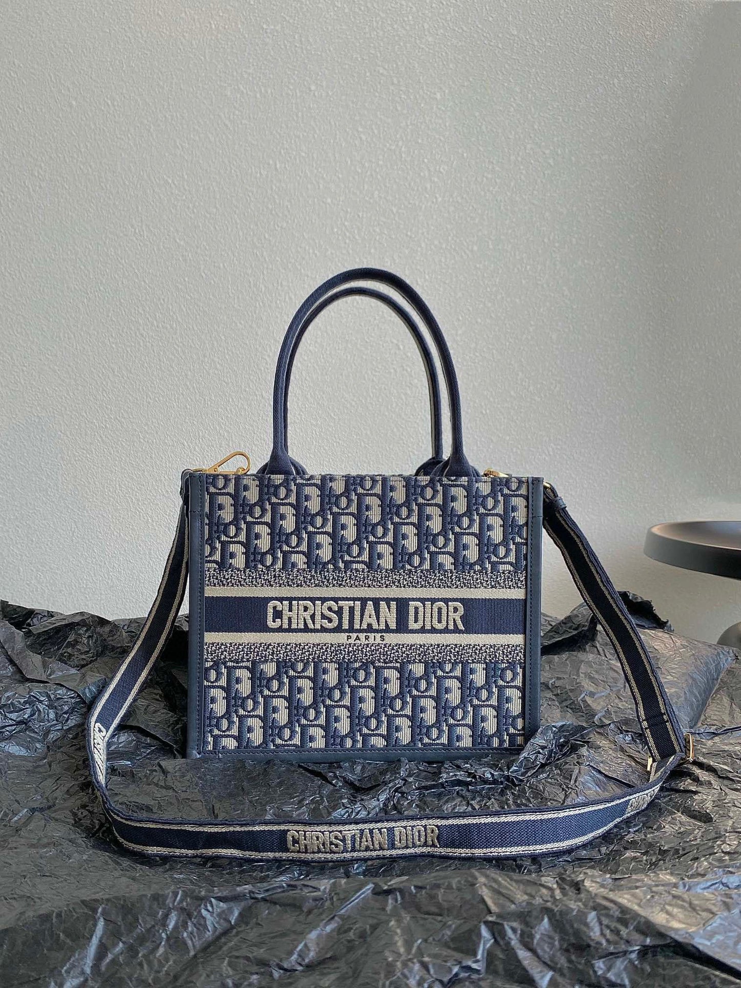 Dior Small Book Tote Blue Oblique Embroidery Calfskin Mid Grade