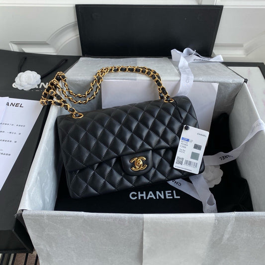 Classic Chanel Hand Bag Gold Metal Lamb Skin Black Mid grade