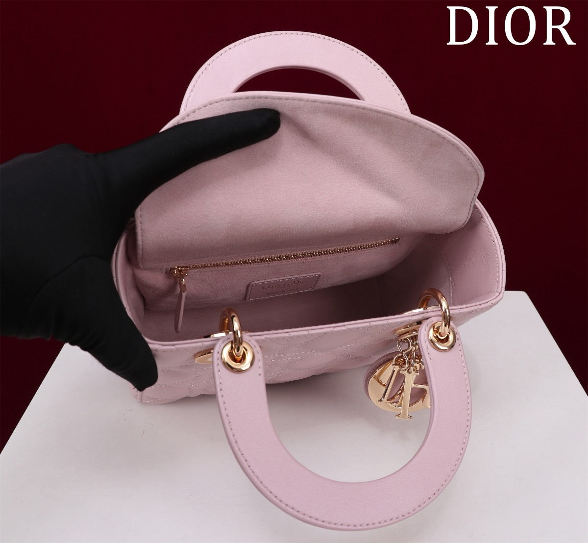 opening of pink lady dior bag lamb skin