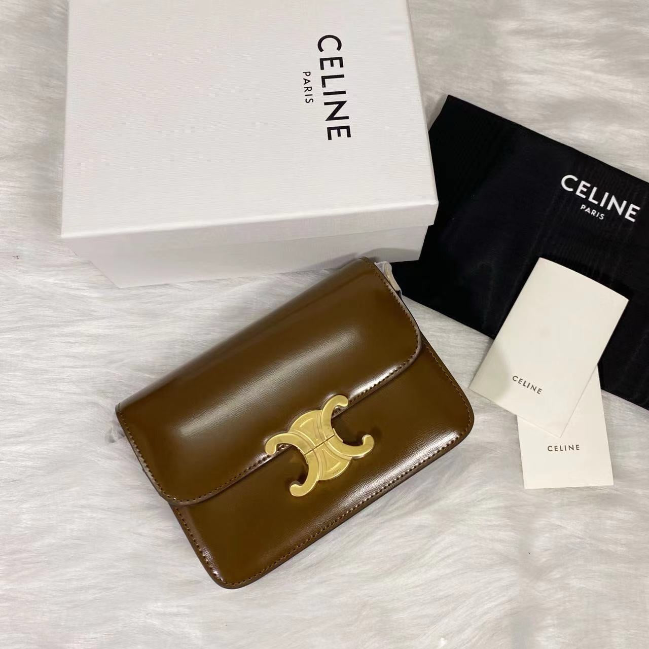 Celine Teen Triomphe Bag Shiny Calf Skin Brown Mid-High Grade