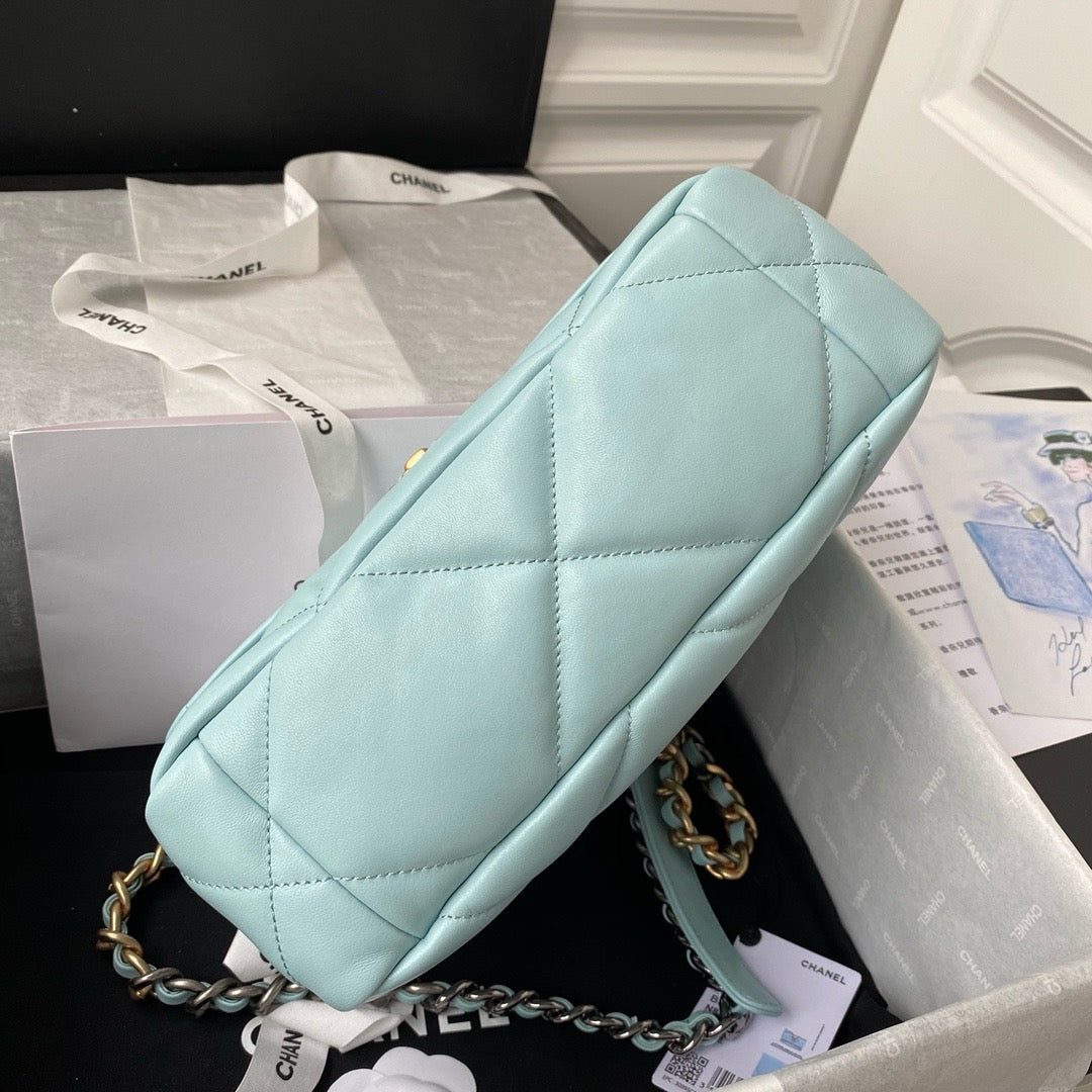 Bottom of chanel 19 handbag in aqua lamb skin