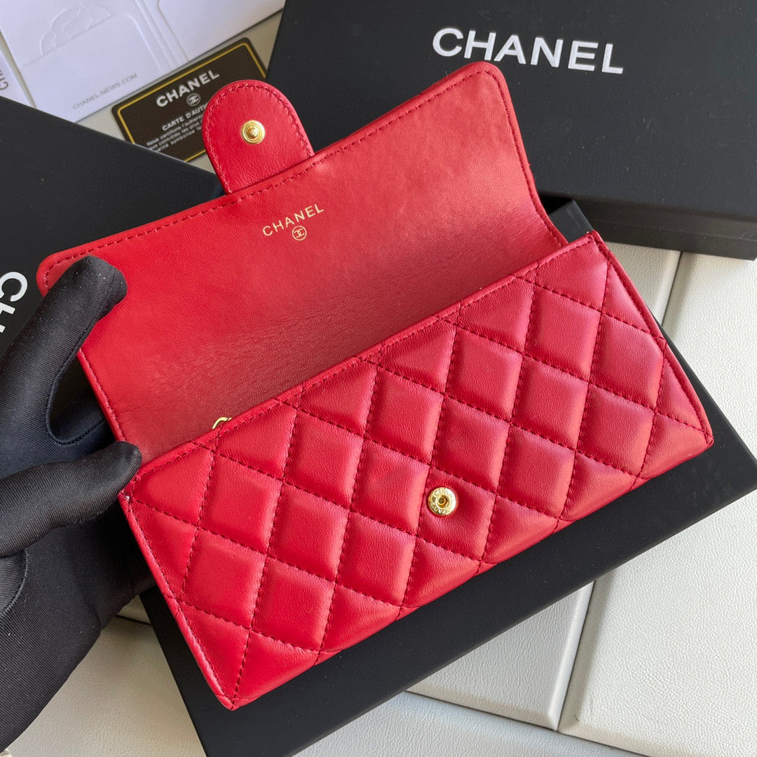 Chanel Long Red Wallet Lamb Skin