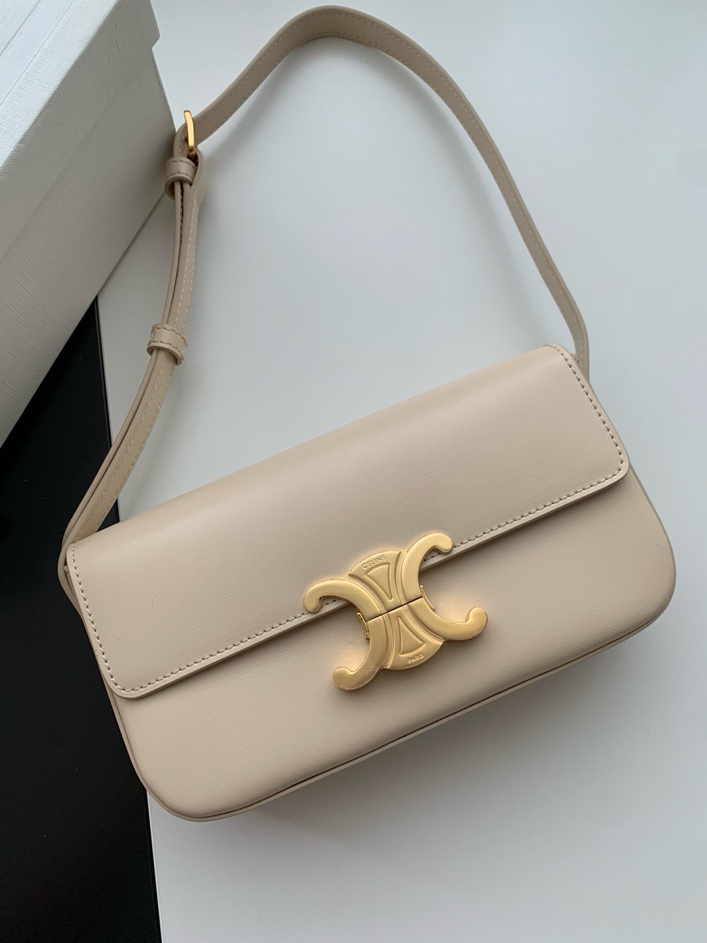 Celine Triomphe Shoulder Bag Claude Calfskin Light Stone Mid Grade