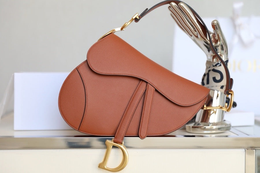 Dior Saddle Bag with Strap Golden Brown Grained Calfskin High Grade