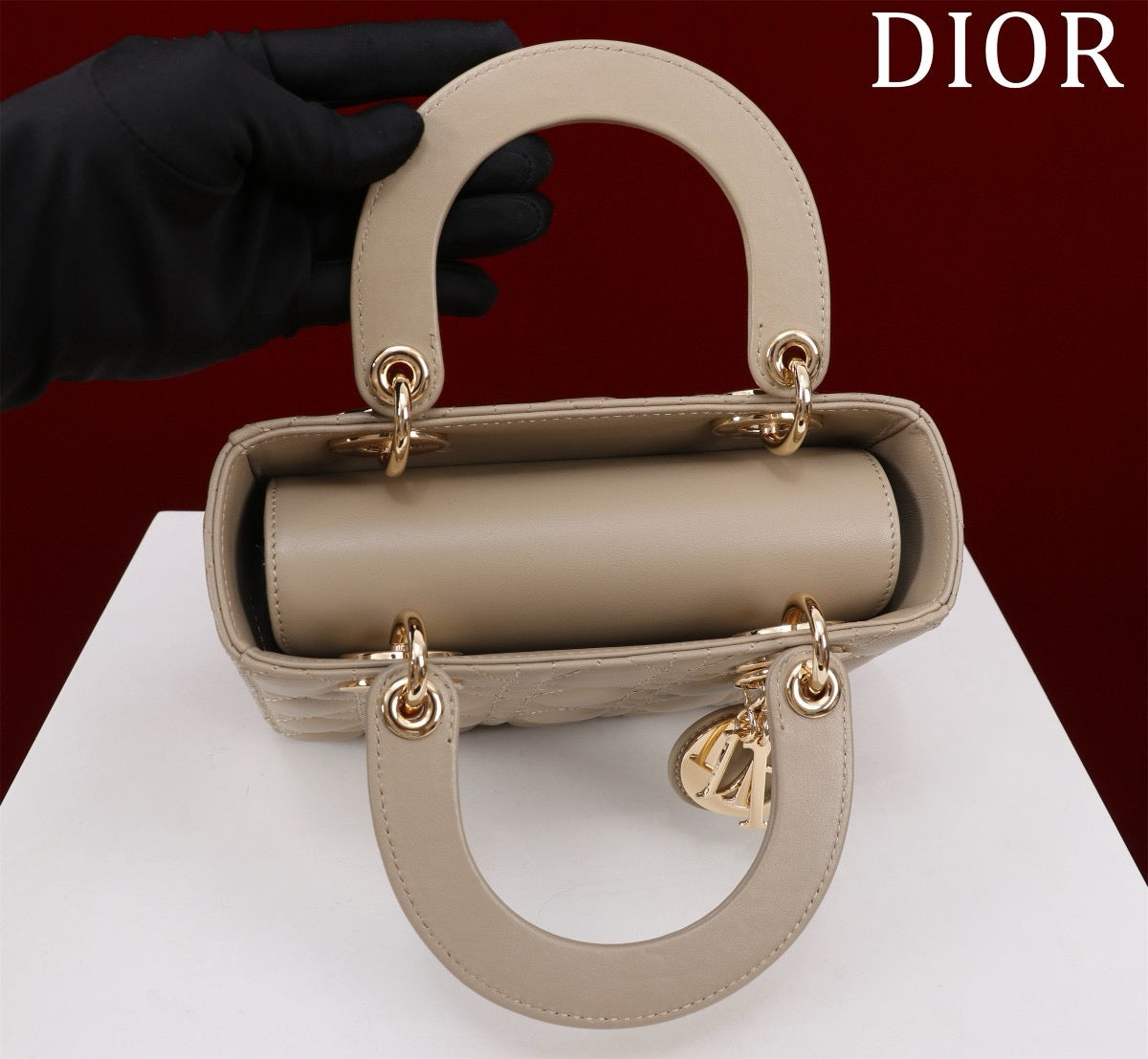 top view of nude lamb skin lady dior bag