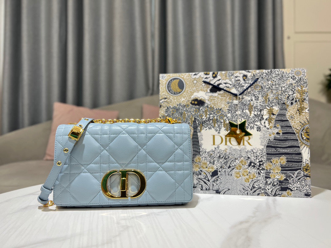 Dior Caro Bag Quilted Macrocannage Sky Blue High Grade