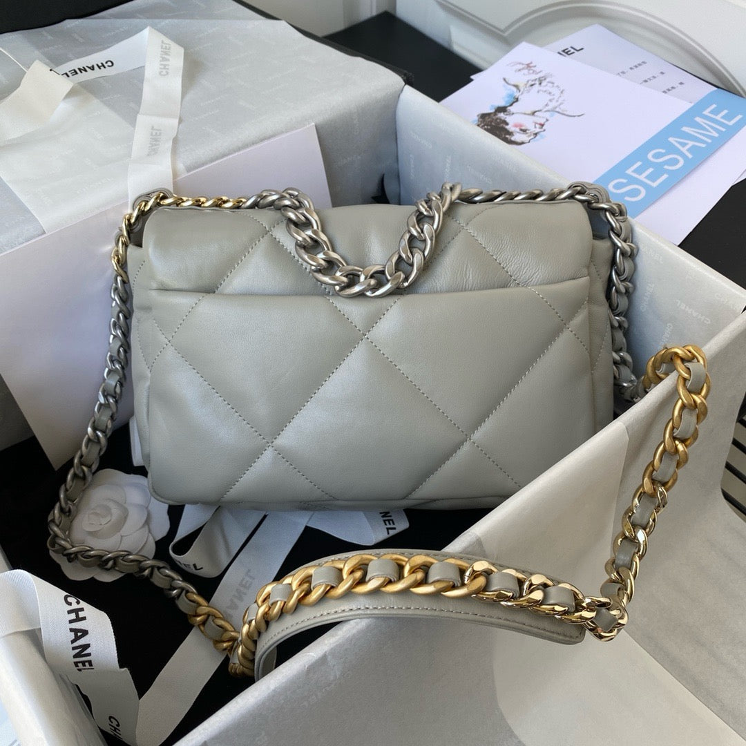 back of light grey chanel 19 handbag silver hardware lamb skin