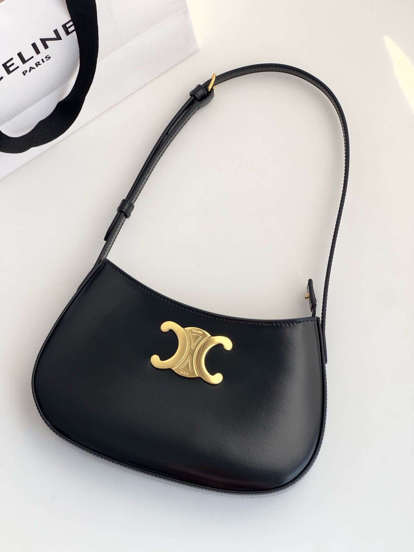 Celine Medium Tilly Bag In Shiny Calfskin Black Platinum Grade