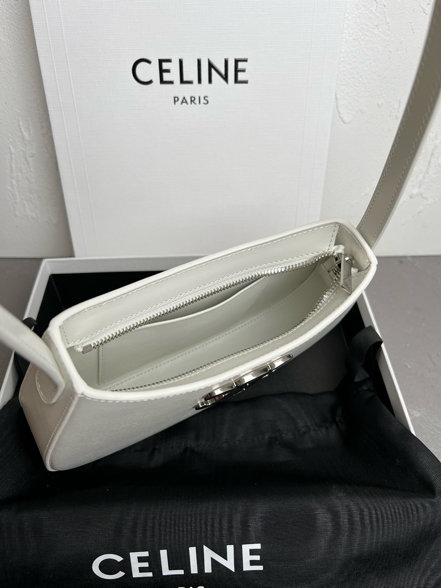 Celine Medium Tilly Bag In Shiny Calfskin White High Grade