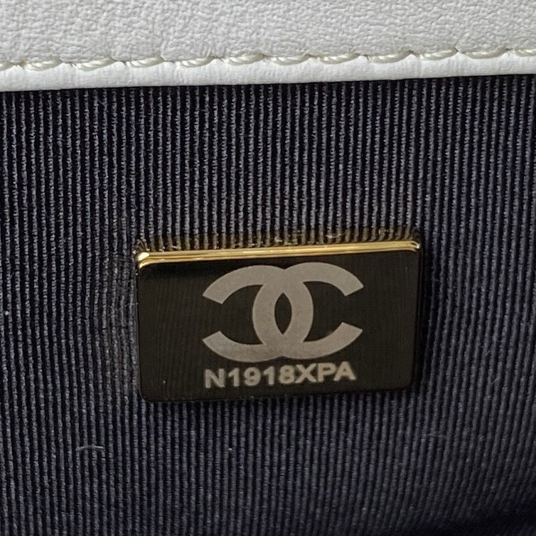 chanel microchip inside white chanel 19 handbag in silver hardware lamb skin