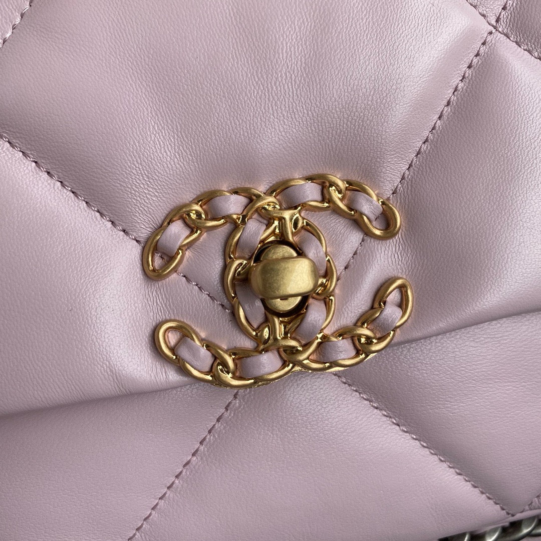 Chanel 19 handbag Pink Lamb Skin Gold-Tone Silver-Tone Small