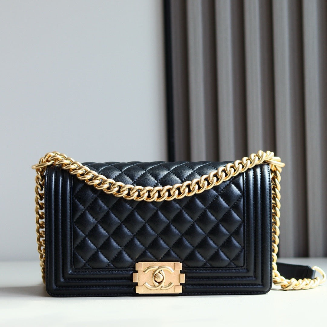 Front side of black Boy Chanel Bag Calf Skin