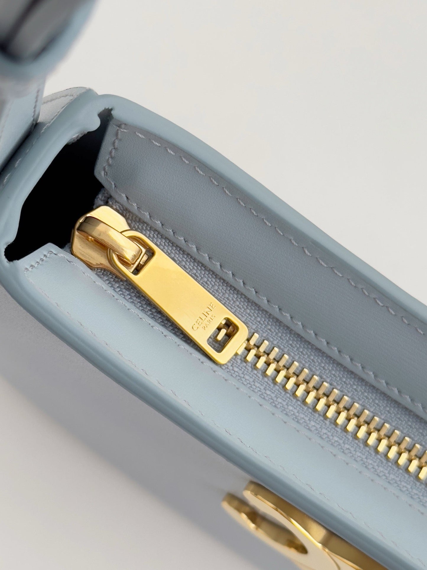 Celine Medium Tilly Bag In Shiny Calfskin Pale Blue Platinum Grade