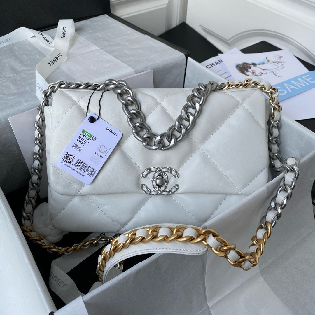 white chanel 19 handbag in silver hardware lamb skin