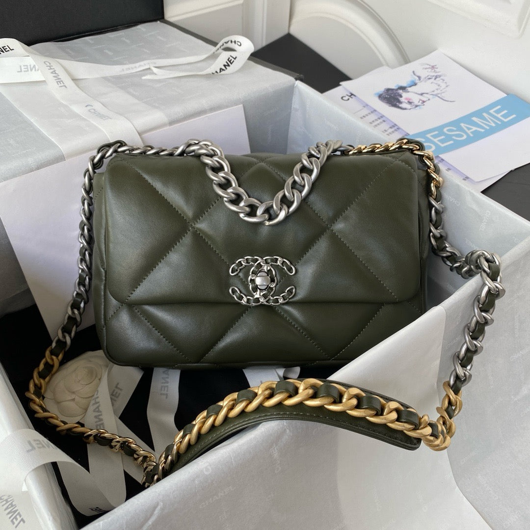 khaki chanel 19 handbag lamb skin silver hardware