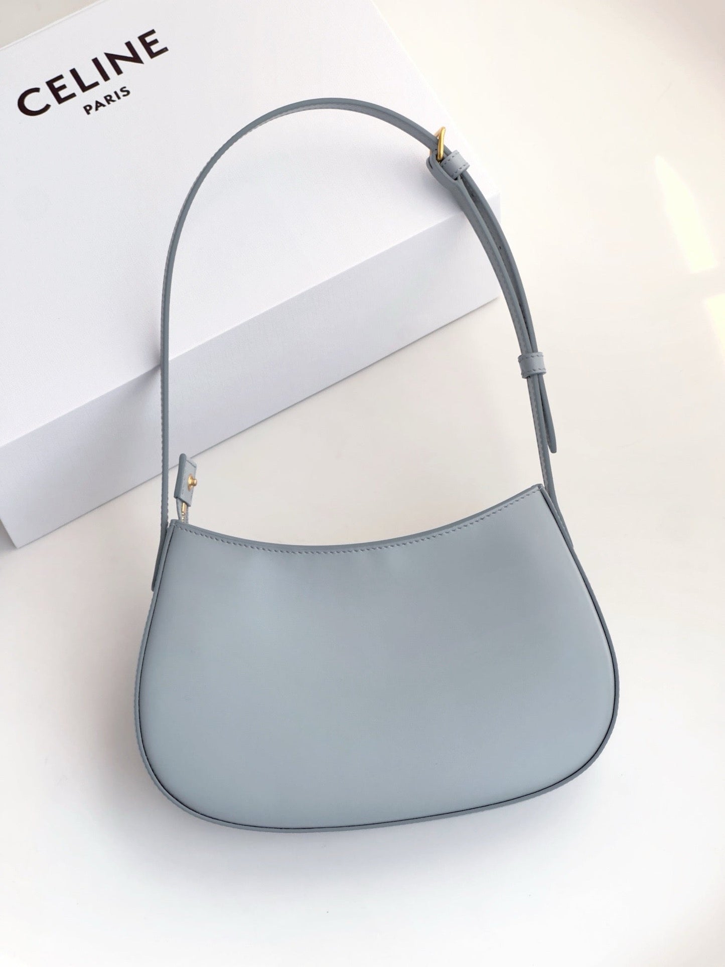 Celine Medium Tilly Bag In Shiny Calfskin Pale Blue Platinum Grade