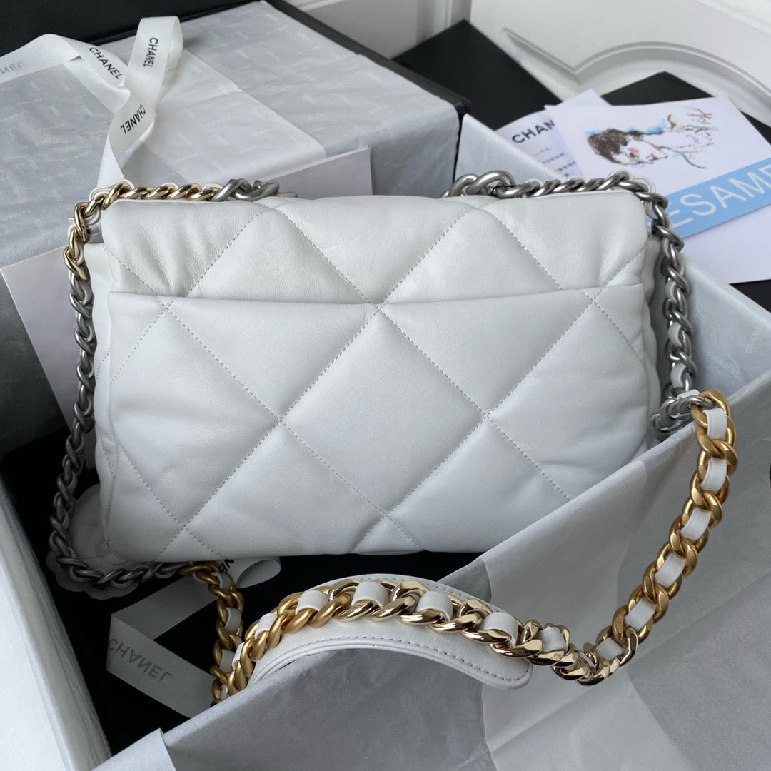 back of white chanel 19 handbag in silver hardware lamb skin