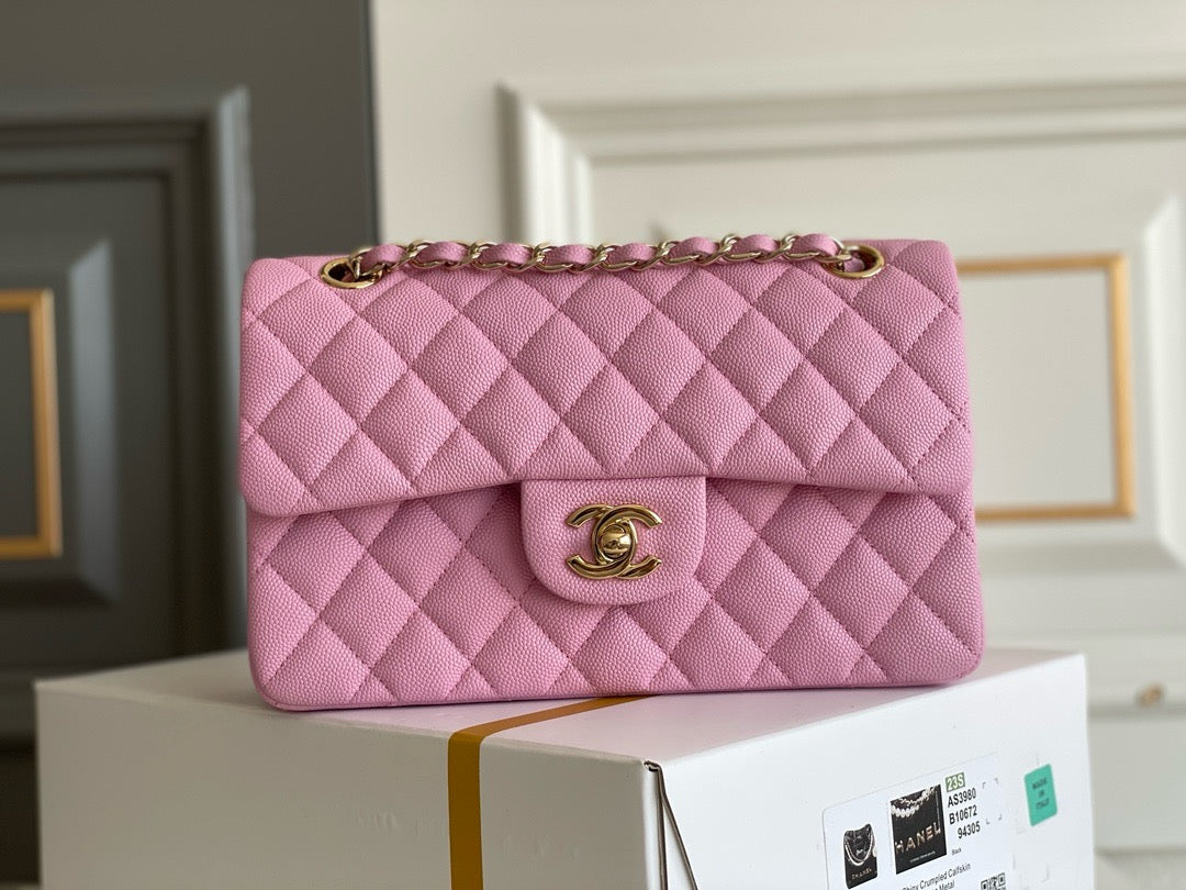 Chanel Classic Flap Bag Grained Calf Skin Pink Upper Grade