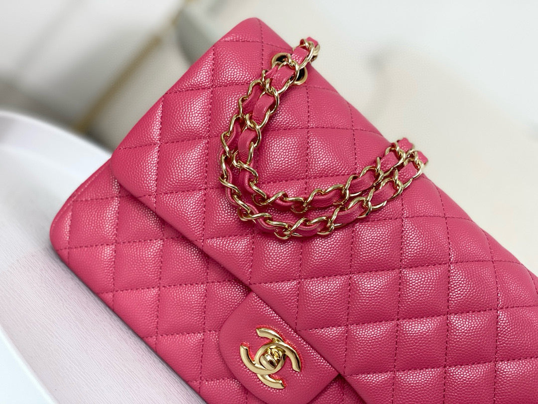 Chanel Classic Flap Bag Grained Calf Skin Hot Pink Platinum Grade