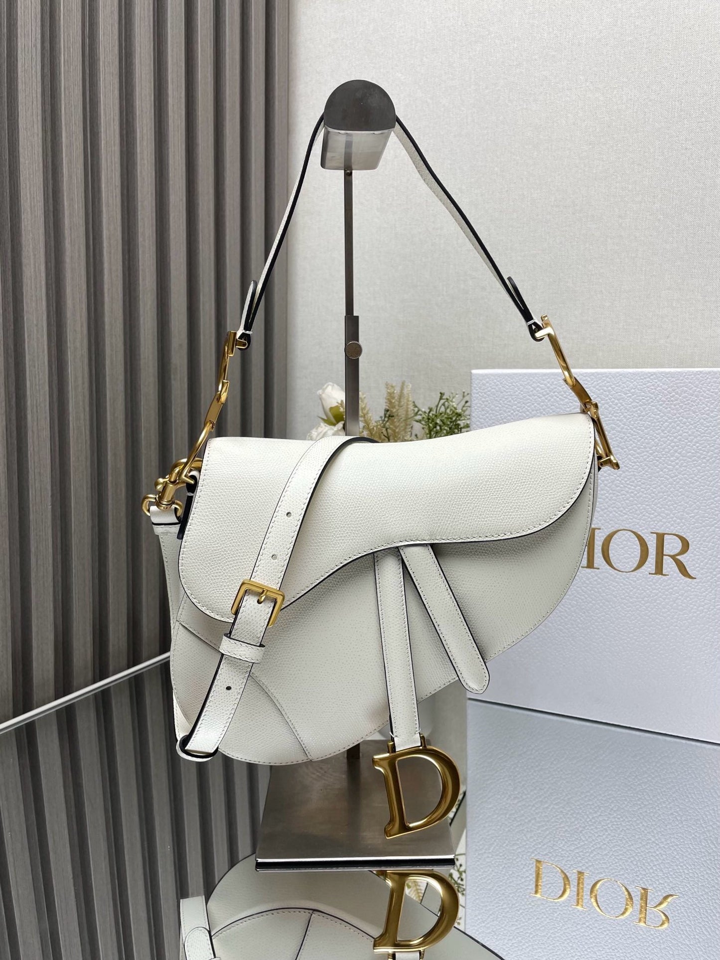 Dior Saddle Bag with Strap White Grained Calfskin