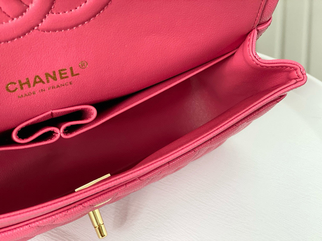 Chanel Classic Flap Bag Grained Calf Skin Hot Pink Platinum Grade