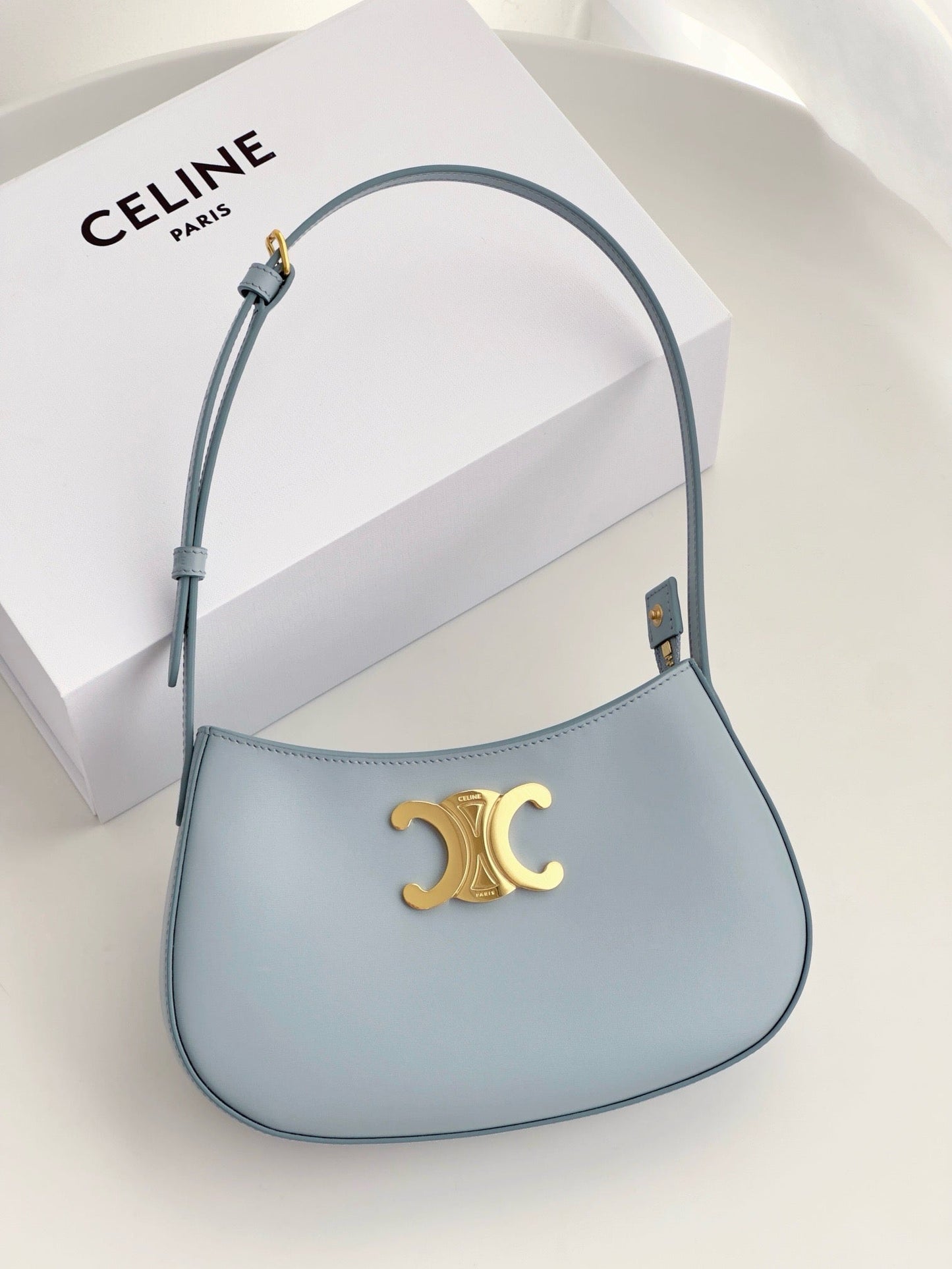 Celine Medium Tilly Bag In Shiny Calfskin Pale Blue Platinum Grade