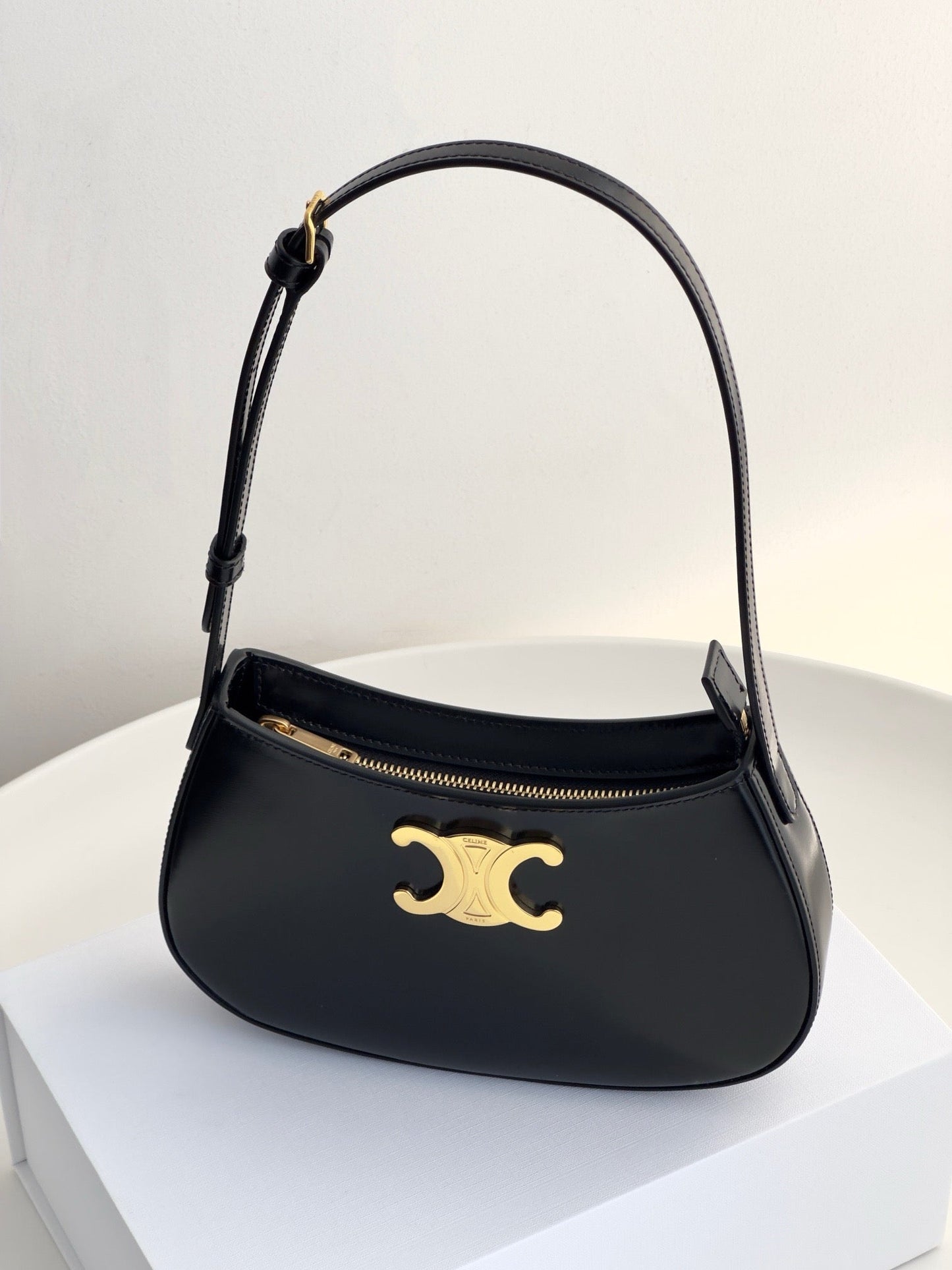 Celine Medium Tilly Bag In Shiny Calfskin Black Platinum Grade