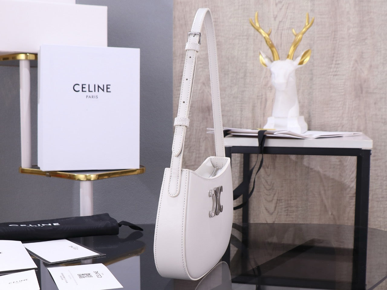 Celine Medium Tilly Bag In Shiny Calfskin White Platinum Grade