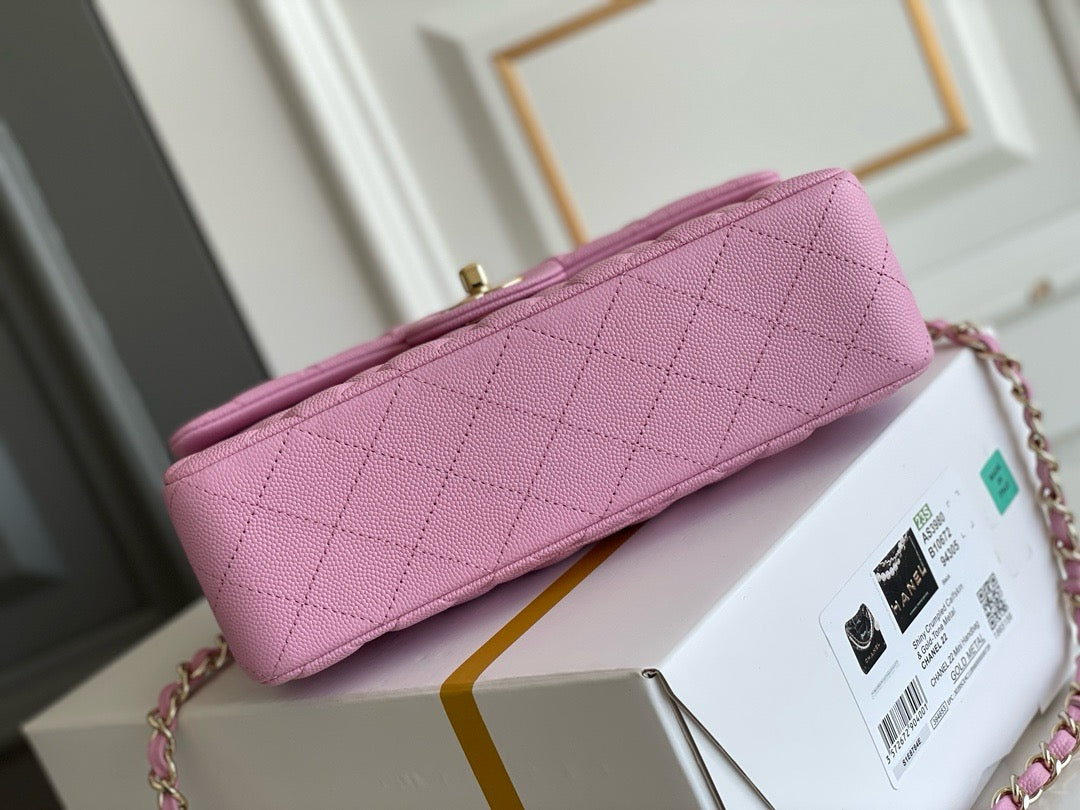 Chanel Classic Flap Bag Grained Calf Skin Pink Upper Grade