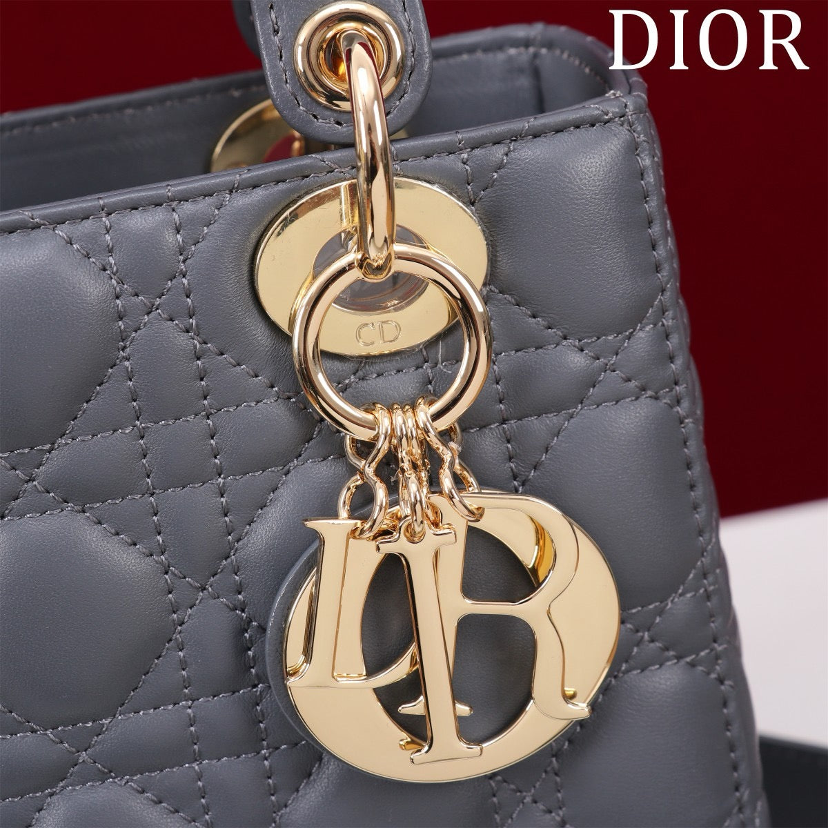 light gold hardware of grey lady dior bag