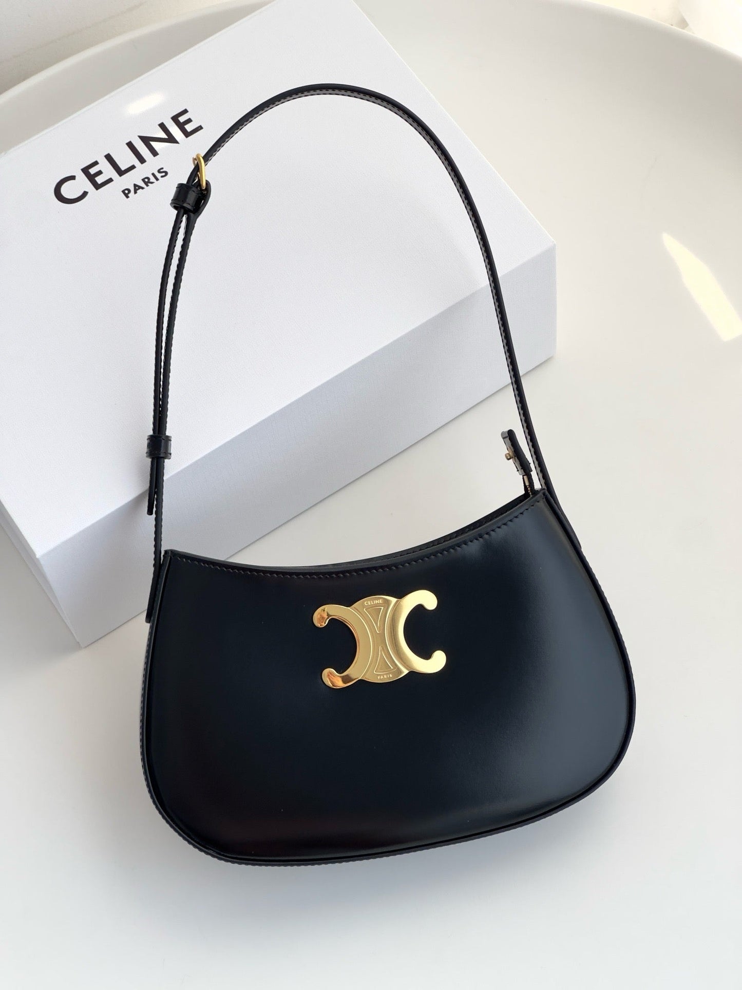 Celine Medium Tilly Bag In Shiny Calfskin Black Platinum Grade