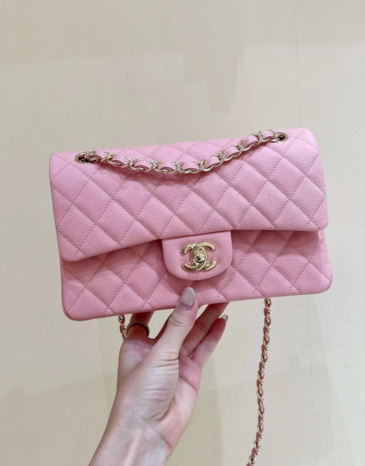 Platinum Grade Chanel Pink Classic Flap Bag Grained Calf Skin Medium