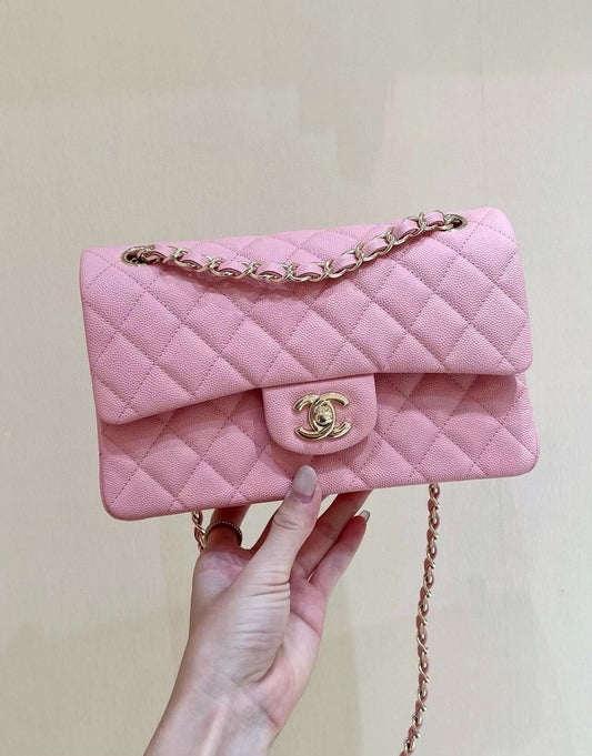 Platinum Grade Chanel Pink Classic Flap Bag Grained Calf Skin Medium