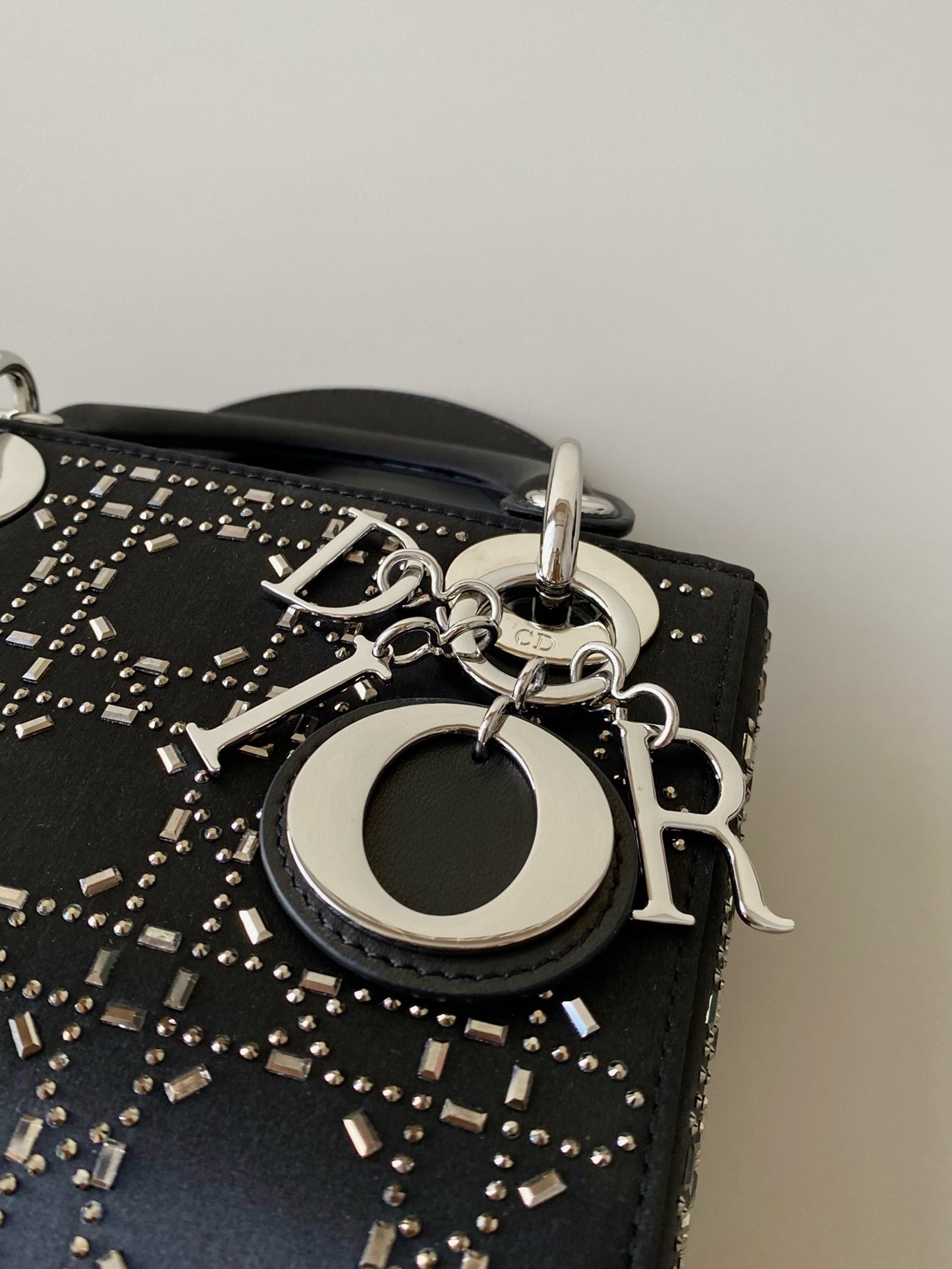 Silver hardware of Black Rhinestone Cannage Satin lady dior