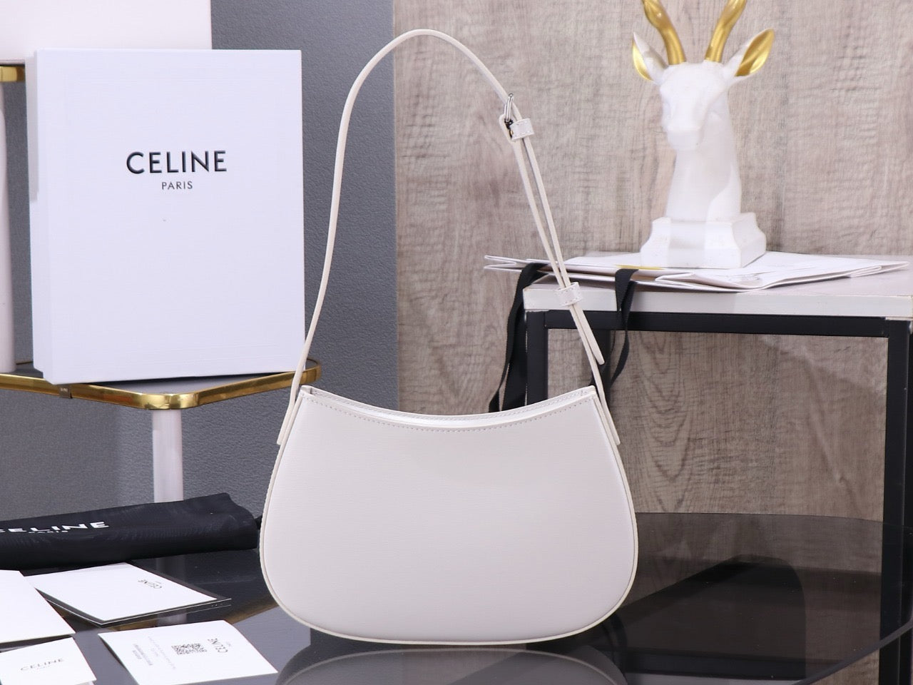 Celine Medium Tilly Bag In Shiny Calfskin White Platinum Grade