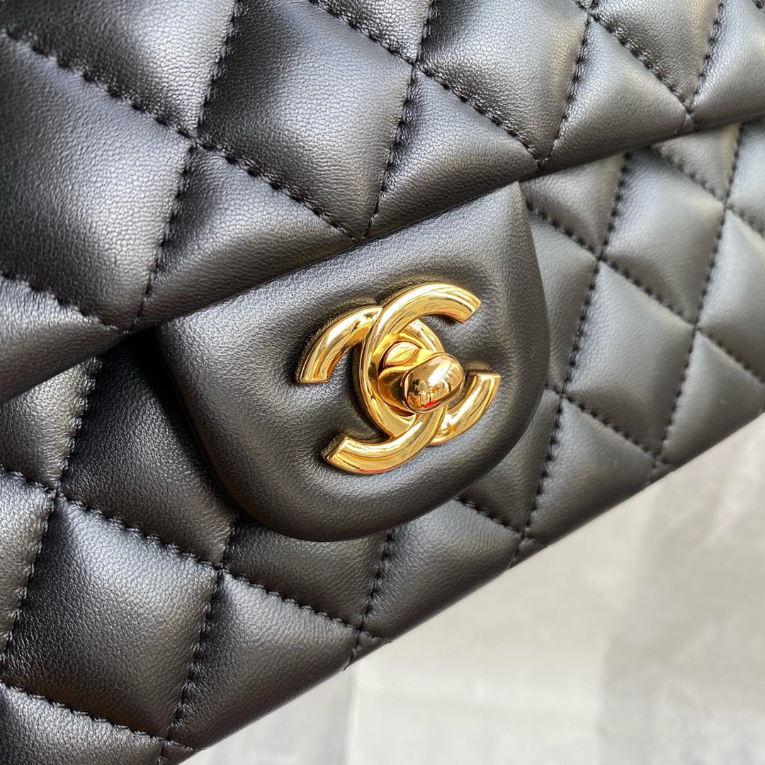 Classic Chanel Hand Bag Gold Metal Lamb Skin Black Mid grade