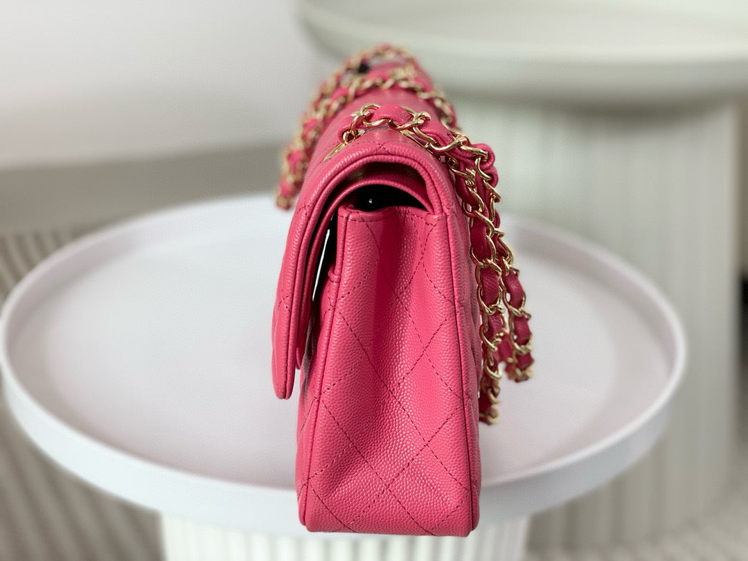 Chanel Classic Flap Bag Grained Calf Skin Hot Pink Platinum Grade