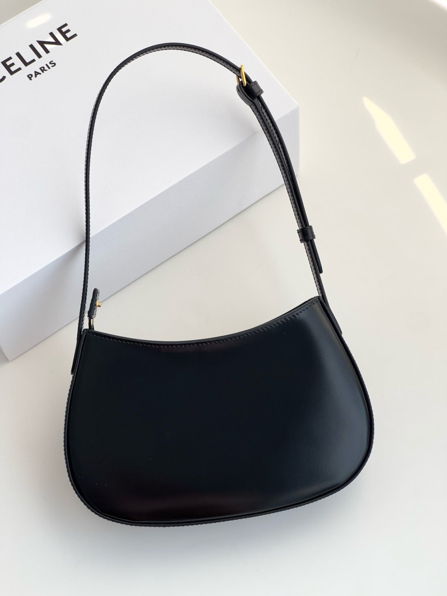 Celine Medium Tilly Bag In Shiny Calfskin Black Platinum Grade