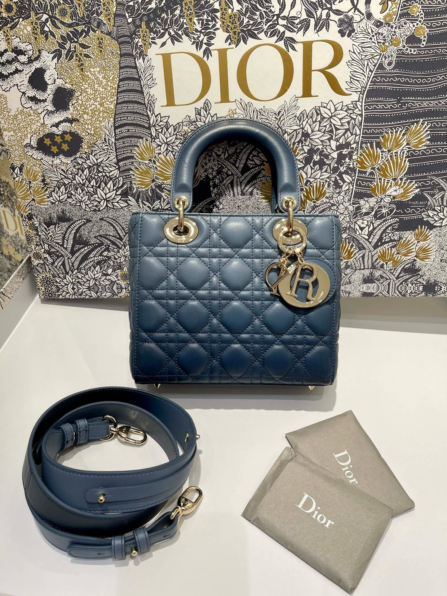 Lady Dior Blue Gradient Small Lamb Skin Platinum